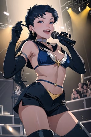 masterpiece, absurdres, 1girl, solo, SailorStarFighter,with a very long hair in a low ponytail, earrings, circlet, choker, bikini armor, black sailor collar, belt, elbow gloves, black shorts, thigh boots,  full body view, dynamic pose, singing into a microphone, on a stage, smile 