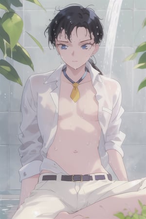 A captivating portrait of an androgynous young man with a long black hair  with a low ponytail and striking blue eyes, sitting barefoot beneath a cascading shower. His white shirt is unbuttoned, clinging to his wet skin, revealing a glimpse of his navel, while an undone necktie hangs loosely around his neck. Delicate jewelry adorns his ears, and a stylish belt cinches his pants. The scene is enriched by the presence of lush green plants, adding a natural touch to the atmosphere. Water droplets glisten on his skin as the shower head releases a gentle stream, creating a refreshing and intimate ambiance. The overall composition captures a moment of tranquility and self-reflection, highlighting the contrast between the wet fabric and the serene environment.,SEIYAKOU