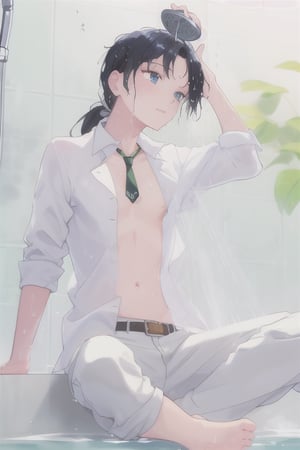 A captivating portrait of an androgynous young man with a long black hair  with a low ponytail and striking blue eyes, sitting barefoot beneath a cascading shower. His white shirt is unbuttoned, clinging to his wet skin, revealing a glimpse of his navel, while an undone necktie hangs loosely around his neck. Delicate jewelry adorns his ears, and a stylish belt cinches his pants. The scene is enriched by the presence of lush green plants, adding a natural touch to the atmosphere. Water droplets glisten on his skin as the shower head releases a gentle stream, creating a refreshing and intimate ambiance. The overall composition captures a moment of tranquility and self-reflection, highlighting the contrast between the wet fabric and the serene environment.,SEIYAKOU