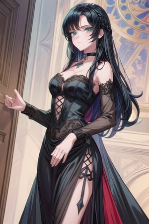 illustration, ink outline, fine detail rendered, color, A beautiful girl in her twenties in a gothic type costume with very long black hair, green eyes with a choker looking at the  is looking at viewer crafted ornaments, detailed background, fantastic, mysterious, perfect composition, , (masterpiece:1.2), ((best quality, 8k, ultra-detailed, very clear)), perfect anatomy, anatomically correct hands, detailed hair, delicate hair expression, detailed eyes, beautiful face, beautiful eyes, extremely stylish, The most fashionable,