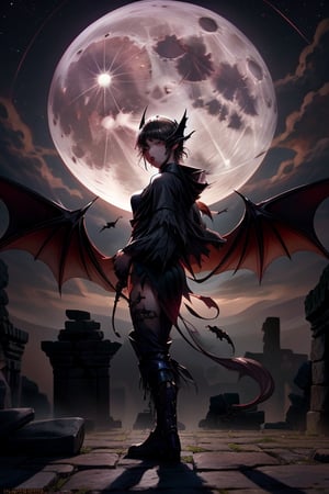 A majestic Western dragon with bat-like wings, black scales that shimmer under the moonlight, and piercing eyes that convey wisdom, is observing from the sky above ancient ruins. The scene takes place at night under a full moon, with the ruins bathed in moonlight, casting long shadows. The atmosphere is a blend of magical and epic, and the image is styled as a combination of anime and fantasy, with high resolution and natural night lighting