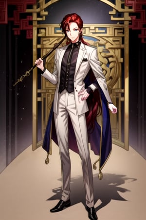 a young man in his early 20's with long red hair, deep eyes, violet eyes, wearing a suit combining Viking and traditional Chinese styles, shows his full body, masterpiece,  best quality,