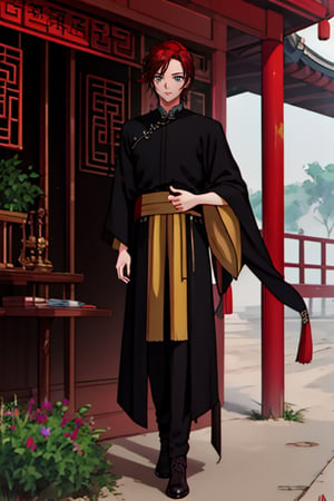 a young man in his early 20's with long red hair, deep eyes, violet eyes, wearing a  combining Viking and traditional Chinese styles, shows his full body, masterpiece,  best quality,TAIKIKOU