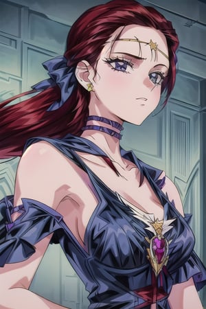 illustration, ink outline, fine detail rendered, color, A beautiful girl in her twenties in a gothic type costume with very long red hair, violet eyes with a choker looking at the  is looking at viewer crafted ornaments, detailed background, fantastic, mysterious, perfect composition, , (masterpiece:1.2), ((best quality, 8k, ultra-detailed, very clear)), perfect anatomy, anatomically correct hands, perfect fingers,detailed hair, delicate hair expression, detailed eyes, beautiful face, beautiful eyes, extremely stylish, The most fashionable,STARMAKER, full view,gothic lolita long dress