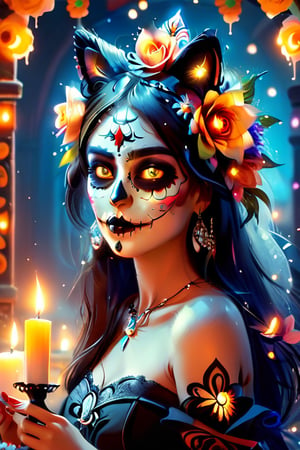 (masterpiece), best quality, expressive eyes, perfect_face,1girl,dressed as a catrina on a background of cempasuchil flower adorned with candles and a Mexican Day of the Dead ofrenda.