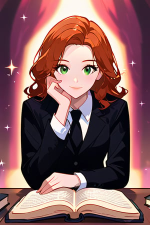 A girl with black hair and deep green eyes wearing a black dress with sparkles on the fabric in one of her hand holds a book of magic, with a mysterious smile, watching the viewer, in an atmosphere of mysterious and a small mist around, Masterpiece,Stunning image,Professional style,8k,REDHEAD,theresa apocalypse