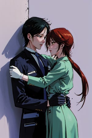 A romantic kabedon moment between a young boy and girl, featuring a couple in a tender embrace with gloves, blushing cheeks, and a stylish necktie. The English text subtly adds a modern touch as they gaze deeply at each other, capturing a classic yet contemporary essence. Their hands delicately placed on each other's chins convey both intimacy and passion against a backdrop of intricate floral patterns. Eye contact intensifies the emotion as a hint of sweat and slightly open mouths hint at the anticipation of a heartfelt confession.TAIKIKOU,kabedon against wall