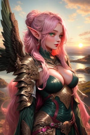 a young woman in her early 20's with very long blue hair, deep green eyes, pink lips in elven armor looking towards the horizon tucking her hair behind her ear in a sunset. seraphic , upper body, looking away, masterpiece,  best quality,  aesthetic,EpicS