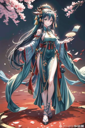 illustration, ink outline, fine detail rendered, color,a girl in her 20's with Latin features deep green eyes, very long black hair in a beautiful Chinese style priestess costume with sakura flowers with ornaments on her feet while in her hands she holds two beautiful red and white fans with a starry sky background looking at the  is looking at viewer crafted ornaments, detailed background, fantastic, mysterious, perfect composition, , (masterpiece:1.2), ((best quality, 8k, ultra-detailed, very clear)), perfect anatomy, anatomically correct hands, detailed hair, delicate hair expression, detailed eyes, beautiful face, beautiful eyes, extremely stylish, The most fashionable,