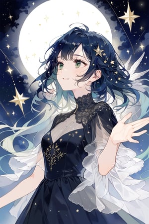 a girl with long dark blue hair with Latin features in her twenties with deep green eyes with a soft smile in a beautifully decorated black dress looking up at the stars with one of her hands outstretched to them, seraphic , upper body, looking away, masterpiece,  best quality,  aesthetic