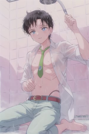 A captivating portrait of an androgynous young man with black hair and striking blue eyes, sitting barefoot beneath a cascading shower. His white shirt is unbuttoned, clinging to his wet skin, revealing a glimpse of his navel, while an undone necktie hangs loosely around his neck. Delicate jewelry adorns his ears, and a stylish belt cinches his pants. The scene is enriched by the presence of lush green plants, adding a natural touch to the atmosphere. Water droplets glisten on his skin as the shower head releases a gentle stream, creating a refreshing and intimate ambiance. The overall composition captures a moment of tranquility and self-reflection, highlighting the contrast between the wet fabric and the serene environment.,SEIYAKOU