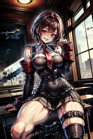 highly detailed, high quality, masterpiece, beautiful, (first plane), a girl, evil smile, (short shoulder-length hair, red hair, red eyes, detailed black schoolgirl uniform with red details, long white thigh-high socks, black military boots), detailed background, school hall, fit girl, sexy pose style