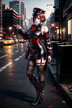 highly detailed, high quality, masterpiece, beautiful, (full shot), a girl, No Fun allowed Meme, (short shoulder-length hair, red hair, red eyes, black military uniform with red details, captain's cap, long black boots with red laces and high heels,  evil smile gesugao , detailed background, cyberpunk city, 