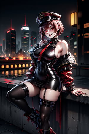 highly detailed, high quality, masterpiece, beautiful, (full shot), a girl, No Fun allowed Meme, (short shoulder-length hair, red hair, red eyes, black military uniform with red details, captain's cap, long black boots with red laces and high heels,  evil smile gesugao , detailed background, cyberpunk city, 