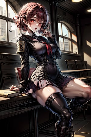 highly detailed, high quality, masterpiece, beautiful, (first plane), a girl, holding books, (short shoulder-length hair, red hair, red eyes, detailed 
black schoolgirl uniform with red details, long white thigh-high socks, black military boots), detailed background, school hall, fit girl