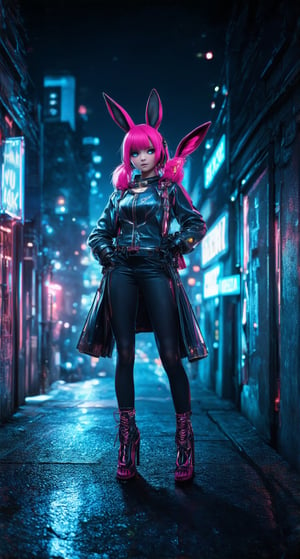 In a dark, gritty alleyway lit by a neon-lit advertisement , a Perfect Beautyful, cyberpunk bunny girl standing, leaning confidently on a Sign reading Thank you for 40K, her bright pink hair and matching heels a stark contrast to the dystopian surroundings. She gazes directly at the camera, her eyes gleaming with determination. The cityscape behind her is a blur of steel and concrete, punctuated by the glowing text that seems to pulse with energy.