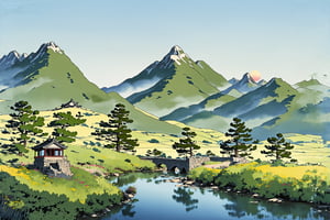 Shen Mengxi's painting "Qianli Jiangshan" depicts a landscape in the style of the Song Dynasty, using meticulous brushwork combined with a touch of freehand brushwork. Among the layered mountains and peaks, pine trees grow, and there is a light green lake with a mirror-like surface. A stone bridge with a pavilion connects two mountains. In the distance, there are continuous far-off mountains and a pale blue sky ((without any clouds)), The setting sun hangs in the sky, creating a captivating scene,claborate-style painting,pixel world,a photo of shanshui by jinliang,zydink,风景, zydink
Negative prompt