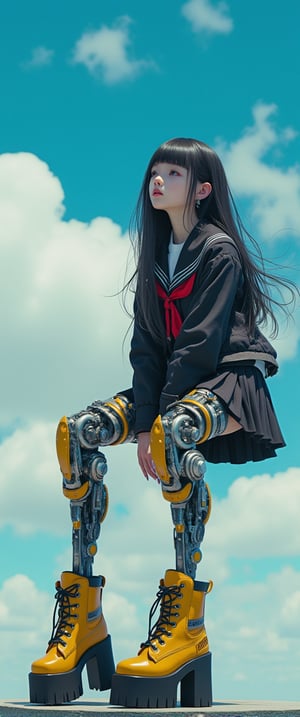 ,(ultra realistic,32k, masterpiece:1.2),(high detailed skin:1.1),( high quality:1.1), (masterpiece, best quality), best quality, masterpiece, photorealistic, ultrarealistic, professional photograph shot on Canon EOS R6, More detail,) ((cyber girl , sitting on a high surface. She wears a Japanese school style jacket with a red bow and a sailor collar. The lower part of her body is robotic, with complex and exposed mechanical legs. She is wearing yellow platform boots with black details. The girl has a thoughtful expression, she looks up at the sky. The background is a bright blue sky with scattered white clouds)) long hair, looking at viewer, bangs, skirt,, black hair, red eyes, jewelry, standing, full body, weapon, pleated skirt, earrings, japanese clothes, sword, blunt bangs, nail polish, thigh strap, leaning forward, blue background, sandals, bent over, pale skin, black nails, red nails, geta, platform footwear, platform heels, with the letters "CTMAKER",jisosmile,ct-identity

