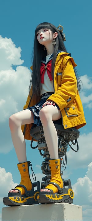 ,(ultra realistic,32k, masterpiece:1.2),(high detailed skin:1.1),( high quality:1.1), (masterpiece, best quality), best quality, masterpiece, photorealistic, ultrarealistic, professional photograph shot on Canon EOS R6, More detail,) ((cyber girl , sitting on a high surface. She wears a Japanese school style jacket with a red bow and a sailor collar. The lower part of her body is robotic, with complex and exposed mechanical legs. She is wearing yellow platform boots with black details. The girl has a thoughtful expression, she looks up at the sky. The background is a bright blue sky with scattered white clouds)) long hair, looking at viewer, bangs, skirt,, black hair, red eyes, jewelry, standing, full body, weapon, pleated skirt, earrings, japanese clothes, sword, blunt bangs, nail polish, thigh strap, leaning forward, blue background, sandals, bent over, pale skin, black nails, red nails, geta, platform footwear, platform heels, with the letters "CTMAKER",jisosmile,ct-identity

