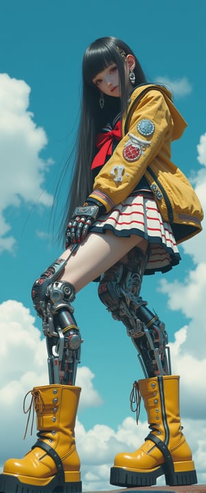 ,(ultra realistic,32k, masterpiece:1.2),(high detailed skin:1.1),( high quality:1.1), (masterpiece, best quality), best quality, masterpiece, photorealistic, ultrarealistic, professional photograph shot on Canon EOS R6, More detail,) ((cyber girl , sitting on a high surface. She wears a Japanese school style jacket with a red bow and a sailor collar. The lower part of her body is robotic, with complex and exposed mechanical legs. She is wearing yellow platform boots with black details. The girl has a thoughtful expression, she looks up at the sky. The background is a bright blue sky with scattered white clouds)) long hair, looking at viewer, bangs, skirt,, black hair, red eyes, jewelry, standing, full body, weapon, pleated skirt, earrings, japanese clothes, sword, blunt bangs, nail polish, thigh strap, leaning forward, blue background, sandals, bent over, pale skin, black nails, red nails, geta, platform footwear, platform heels, with the letters "CTMAKER",jisosmile,ct-identity

