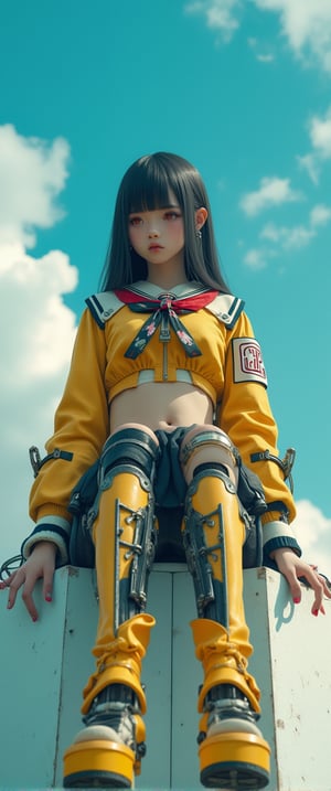 ,(ultra realistic,32k, masterpiece:1.2),(high detailed skin:1.1),( high quality:1.1), (masterpiece, best quality), best quality, masterpiece, photorealistic, ultrarealistic, professional photograph shot on Canon EOS R6, More detail,) ((cyber girl , sitting on a high surface. She wears a Japanese school style jacket with a red bow and a sailor collar. The lower part of her body is robotic, with complex and exposed mechanical legs. She is wearing yellow platform boots with black details. The girl has a thoughtful expression, she looks up at the sky. The background is a bright blue sky with scattered white clouds)) long hair, looking at viewer, bangs, skirt,, black hair, red eyes, jewelry, standing, full body, weapon, pleated skirt, earrings, japanese clothes, sword, blunt bangs, nail polish, thigh strap, leaning forward, blue background, sandals, bent over, pale skin, black nails, red nails, geta, platform footwear, platform heels, with the letters "CTMAKER",jisosmile,ct-identity

