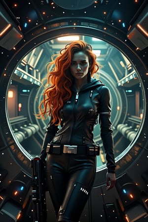 Against a gritty metal backdrop, SpaceSuiteXMiya's striking features gaze intently through the viewport of her high-tech spacecraft. Her fiery locks cascade down her porcelain complexion as she scrutinizes her target, her bounty hunter instincts honed to perfection. The spaceship's neon-lit corridors and machinery hum in the background, a testament to her cutting-edge technology. A sleek, futuristic rifle rests against her hip, its metallic grip glinting in the dim light.