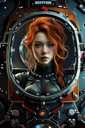 Against a gritty metal backdrop, SpaceSuiteXMiya's striking features gaze intently through the viewport of her high-tech spacecraft. Her fiery locks cascade down her porcelain complexion as she scrutinizes her target, her bounty hunter instincts honed to perfection. The spaceship's neon-lit corridors and machinery hum in the background, a testament to her cutting-edge technology. A sleek, futuristic rifle rests against her hip, its metallic grip glinting in the dim light.