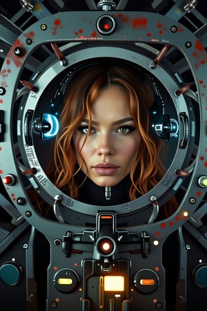 Against a gritty metal backdrop, SpaceSuiteXMiya's striking features gaze intently through the viewport of her high-tech spacecraft. Her fiery locks cascade down her porcelain complexion as she scrutinizes her target, her bounty hunter instincts honed to perfection. The spaceship's neon-lit corridors and machinery hum in the background, a testament to her cutting-edge technology. A sleek, futuristic rifle rests against her hip, its metallic grip glinting in the dim light.