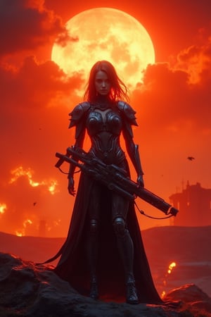 A young female standing under an apocalyptic sun, the sky glowing with intense reds and oranges, in a gothic wolrd. She is dressed as a space marine, wearing servo armor and dark robes, but her body is a futuristic mix of metal and machinery. holding a bolter in her hands Her metallic limbs glint in the harsh light as she stands in the midst of this fiery, end-of-world landscape. backdrop of an apocalyptic sun creates a powerful, surreal contrast."