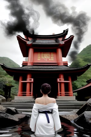 A Chinese Taoist woman wearing white Taoist robe, off shoulders, bar shoulders, single bun,cinematic light, perfect anatomy, (smoke:1.4), stand in water with front facing us, a drift of red smoke swirls around here, background is (Taoist temple:1.4), (swirls smoke:1.4), sharp focus, volumetric fog, 8k UHD, DSLR, high quality,