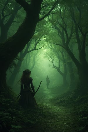 Fantasy forest, dark green, naugthy elf girl with bow Watching from a tree a path that leads through the forest, gloomy ambience 