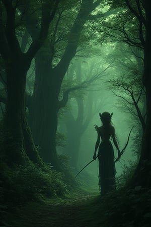 Fantasy forest, dark green, naugthy elf girl with bow Watching from a tree a path that leads through the forest, gloomy ambience 