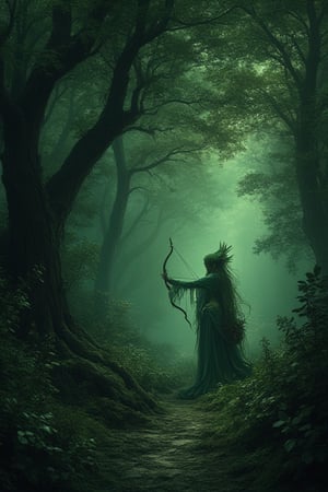 Fantasy forest, dark green, naugthy elf girl with bow Watching from a tree a path that leads through the forest, gloomy ambience 