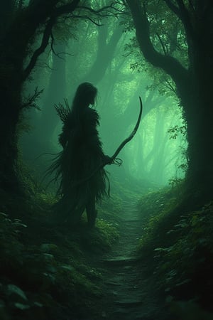 Fantasy forest, dark green, naugthy elf girl with bow Watching from a tree a path that leads through the forest, gloomy ambience 