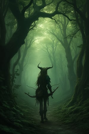 Fantasy forest, dark green, naugthy elf girl with bow Watching from a tree a path that leads through the forest, gloomy ambience 