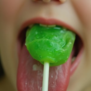 Close-up shot of a huge bright green lolipop deep within the wet, young girl's  mouth Slips the lollipop. Soft focus on the surrounding tongue lolipop, with shallow depth of field to emphasize the sugary treat's vibrant color and sticky texture. parted lips