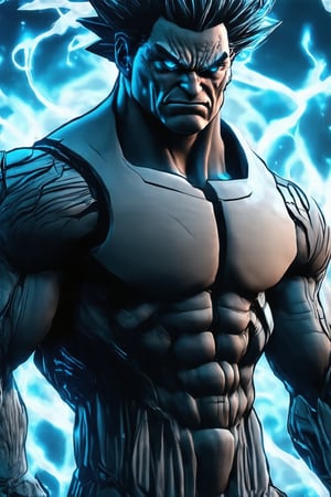 A solo shot of a powerful Super Saiyan, focusing on the male subject's upper body. He gazes directly at the viewer with piercing blue eyes, his mouth closed in a determined expression. His muscular physique radiates an aura of strength as glowing energy swirls around him. Spiky hair frames his serious face, furrowed into a scowl that conveys intensity and focus. The overall mood is one of quiet ferocity, as if he's preparing to unleash his full fury upon the world.