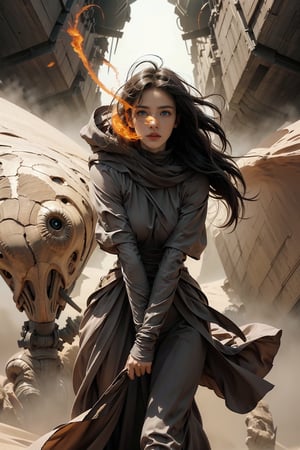 In Dune, a majestic desert warrior emerges from a sandstorm rolled up by Arrakis. She stands tall, her perfect frame clad in wind-resistant garments: boots, sand-colored clothing, and wind goggles. Her black hair was blown up in gusts, creating a wild halo around her regal face without a mask. Her piercing blue eyes hold the viewer's gaze, and her ample breasts and head stand out beneath the folds of her quicksand cloak.16k resolution captures every detail of this high-quality masterpiece.