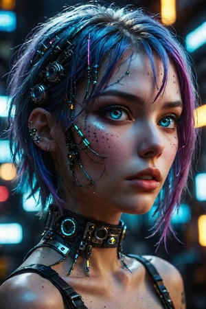 ((((Cyberpunk girl, futuristic, realistic, neon hair color, short hair, glamorous)), ((partially metallic decorations on the sides of her face, long nails covered in metallic decorations, realistic face)), ((blue eyes)), OverallDetail, colorful, photorealistic