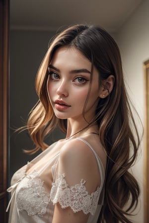 a beautiful female model, a beautiful young woman, The artwork features a delicate, soft, and beige andgrey color palette giving it a dreamy, ethereal feel. The painting has a gentle, almost faded quality to it, with subtle brushstrokes that give the image a dreamy, delicate feel. The overall composition is reminiscent of a delicate, ephemeral moment captured in a photo.