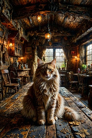 Golden light spills onto the worn wooden table as a majestic Maine Coon cat, its fine hair aglow, sits regally at the tavern's heart. Slate floors and ornate tapestries provide rich context, while wooden beams overhead form a rustic canopy. The subject's piercing gaze, framed by a wispy beard and paws, seems to share a secret with the viewer.