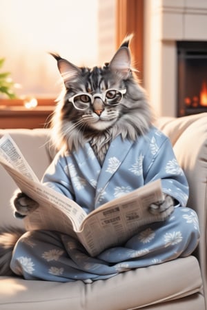 A spirited smoky gray Maine Coon cat, sitting on a couch, wearing pajamas, glasses, reading a newspaper, a fireplace, smiling with a bright halo in the background, sunny details, depth of field, excellent details, charming, cartoonish, cinematic light effects, captivating, 3D, cute and whimsical, fantasy, bokeh, portraiture, digital painting, soft lighting, panoramic character focus, 4K resolution, Realistic rendering, high quality detail, vector image, realistic masterpiece, professional photography, floral background, isometric, bright vector, use of film,Change the color of the cat in the picture to black and gray