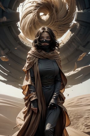 In Dune, a majestic desert warrior emerges from a sandstorm rolled up by Arrakis. She stands tall, her perfect frame clad in wind-resistant garments: boots, sand-colored clothing, and wind goggles. Her black hair was blown up in gusts, creating a wild halo around her regal face without a mask. Her piercing blue eyes hold the viewer's gaze, and her ample breasts and head stand out beneath the folds of her quicksand cloak.16k resolution captures every detail of this high-quality masterpiece.