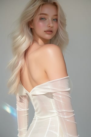 A serene 18-year-old beauty stands amidst a white backdrop, her platinum blonde hair cascading down her back like a river of sunset hues. She gazes directly at the viewer, her bright blue eyes sparkling like diamonds against her porcelain complexion. The soft sunlight dancing across her face and shoulders creates a warm glow, while the off shoulder delicate airy white lace dress weave with gemstones adorns her slender figure, radiating elegance. body facing foward.