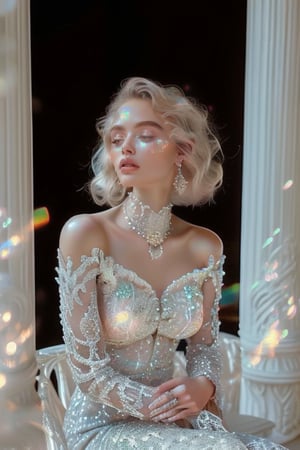 A stunning 20-year-old beauty, adorned with luxurious jewelry featuring precious stones, sits majestically on a ornate balcony, surrounded by warmth and radiance. Her short, wavy platinum blonde hair frames her healthy porcelain complexion, as she wears an exquisite off-shoulder airy gown made of delicate lace and sparkling gemstones that refract the warm light. The intricate patterns embroidered on the dress shimmer like moonlight, casting a mesmerizing glow. Softly lit, the atmosphere amplifies the magnificence of this regal vision, where modern royalty or nobility is redefined.