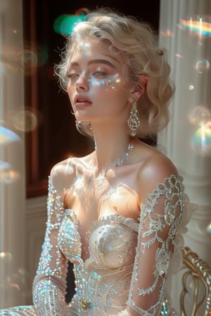 A stunning 20-year-old beauty, adorned with luxurious jewelry featuring precious stones, sits majestically on a ornate balcony, surrounded by warmth and radiance. Her short, wavy platinum blonde hair frames her healthy porcelain complexion, as she wears an exquisite off-shoulder airy gown made of delicate lace and sparkling gemstones that refract the warm light. The intricate patterns embroidered on the dress shimmer like moonlight, casting a mesmerizing glow. Softly lit, the atmosphere amplifies the magnificence of this regal vision, where modern royalty or nobility is redefined.