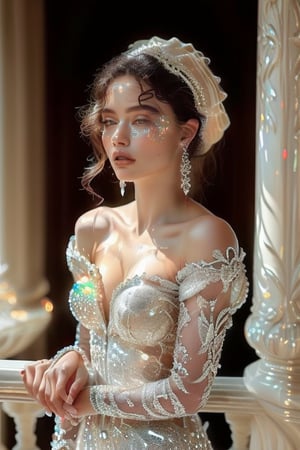 A stunning 18-year-old beauty, adorned with luxurious jewelry featuring precious stones, standing pose majestically on a ornate balcony, surrounded by warmth and radiance. Her wavy platinum blonde hair frames her healthy porcelain complexion, as she wears an exquisite off-shoulder airy gown made of delicate lace and sparkling gemstones that refract the warm light. The intricate patterns embroidered on the dress shimmer like moonlight, casting a mesmerizing glow. Softly lit, the atmosphere amplifies the magnificence of this regal vision, where modern royalty or nobility is redefined.