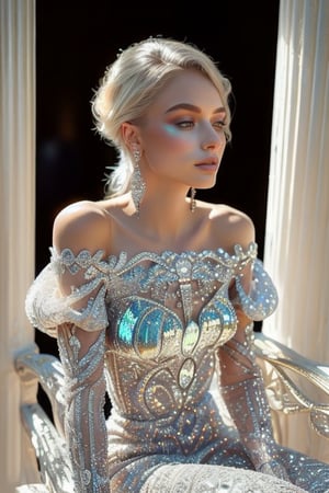 A stunning 20-year-old beauty, adorned with luxurious jewelry featuring precious stones, sits majestically on a ornate balcony, surrounded by warmth and radiance. Her short, wavy platinum blond hair frames her healthy porcelain complexion, as she wears an exquisite off-shoulder gown made of delicate lace and sparkling gemstones that refract the warm light. The intricate patterns embroidered on the dress shimmer like moonlight, casting a mesmerizing glow. Softly lit, the atmosphere amplifies the magnificence of this regal vision, where modern royalty or nobility is redefined.