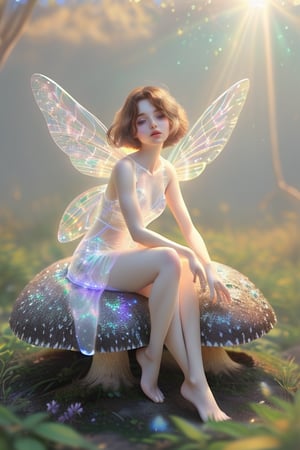 A whimsical fairy perches delicately on a giant mushroom, surrounded by crystals and diamonds and oversized flowers in full bloom, amidst an emerald stone and wild crystals, moonstones on the foreground with mushrooms sprouting from its base. Soft, warm light illuminates her features, casting subtle shadows on parted lips and wavy short hair as she peers out at the serene surroundings. The fairy's transparent wings glimmer in the sunlight, Iridescent fairy lights twinkle around her, amidst an atmosphere of gentle breeze blowing through the sparkling forest.