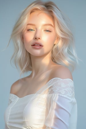 A serene 18-year-old beauty stands amidst a white backdrop, her platinum blonde hair cascading down her back like a river of sunset hues. She gazes directly at the viewer, her bright blue eyes sparkling like diamonds against her porcelain complexion. The soft sunlight dancing across her face and shoulders creates a warm glow, while the off shoulder delicate airy white lace dress weave with gemstones adorns her slender figure, radiating elegance. body facing foward.